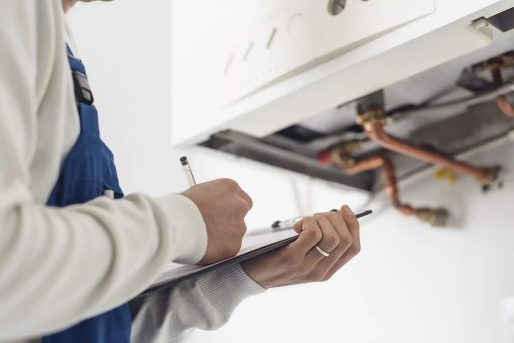 Close view of plumber's hands holding a clipboard as they inspect a boiler.